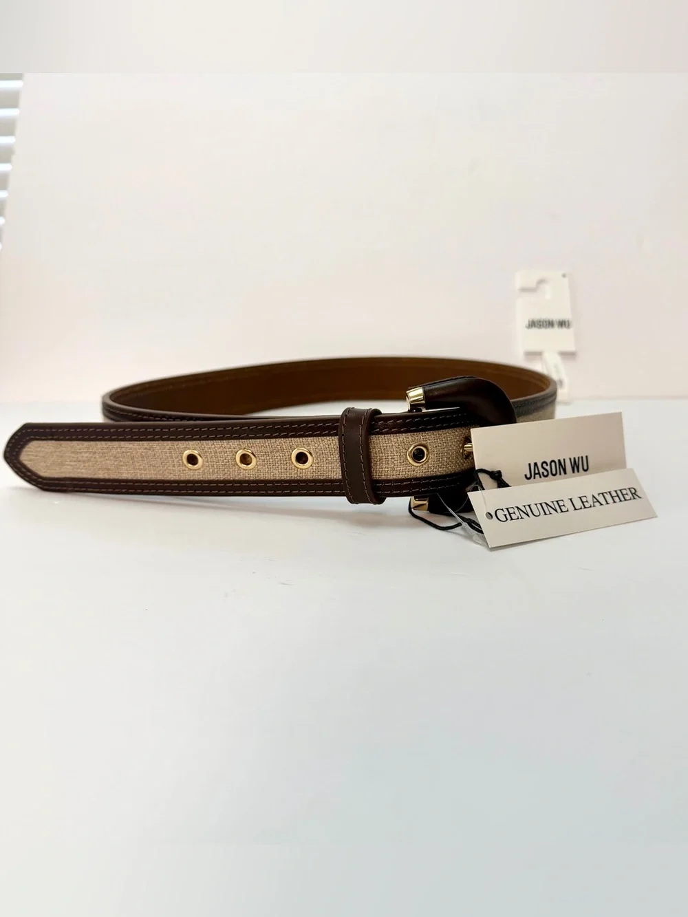Jason Wu Beige Canvas Belt with Dark Brown Leather & Gold Hardware